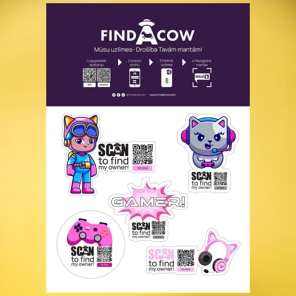 Komplekts - 5 uzlīmes ar QR kodiem (GamerGirl)